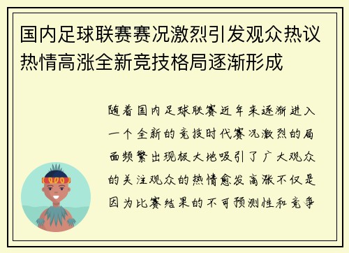 国内足球联赛赛况激烈引发观众热议热情高涨全新竞技格局逐渐形成