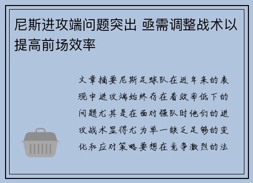 尼斯进攻端问题突出 亟需调整战术以提高前场效率