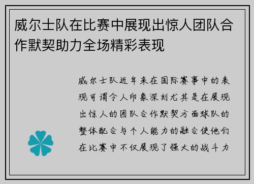 威尔士队在比赛中展现出惊人团队合作默契助力全场精彩表现