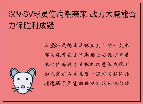 汉堡SV球员伤病潮袭来 战力大减能否力保胜利成疑