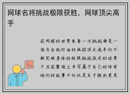 网球名将挑战极限获胜，网球顶尖高手